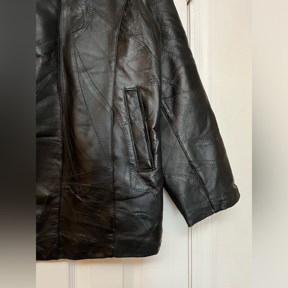 Vintage Flight Path Black Genuine Leather Monochromatic Patchwork Zip Up Jacket - Picture 2 of 9
